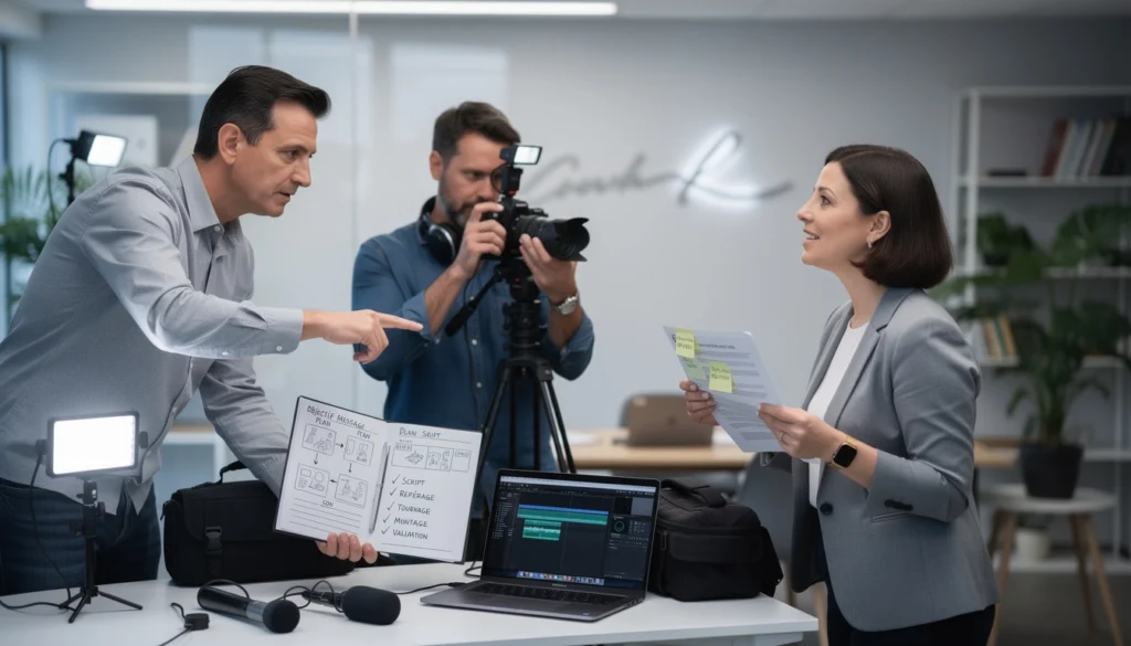 Deux hommes filment une jeune femme pour une publicité d'entreprise