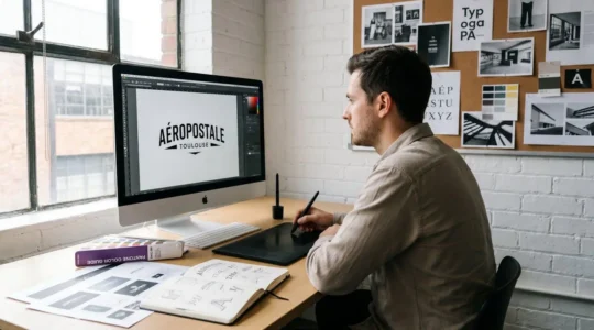 Designer graphique professionnel travaillant dans un studio toulousain moderne, concentré sur écran affichant création de logo, entouré de nuanciers Pantone, tablette graphique et maquettes print sur table de travail éclairée par lumière naturelle